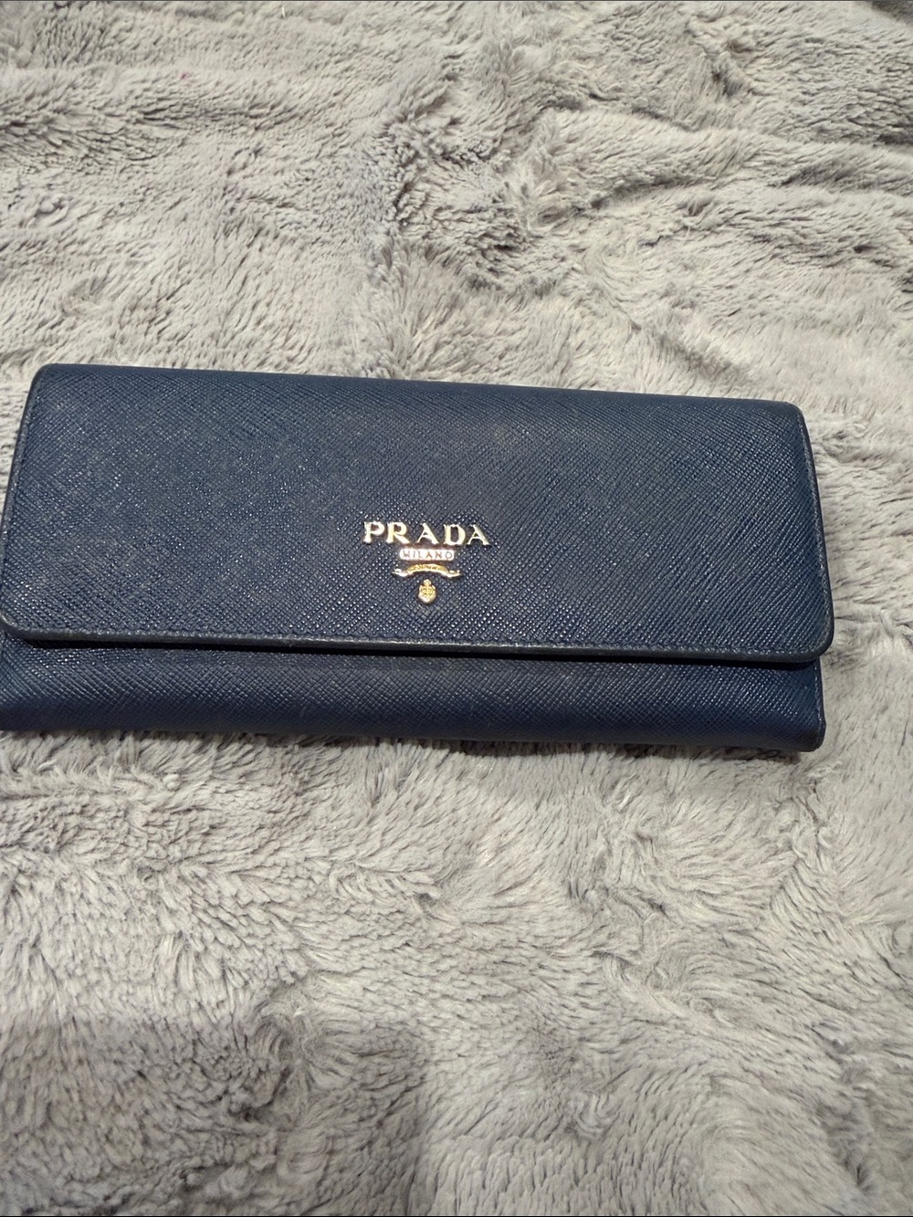 Prada Dark Blue Saffiano Leather Flap Wallet with Gold Logo